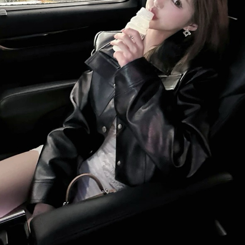 辣妹显瘦高腰黑色翻领pu皮夹克复古宽松短款上衣外套