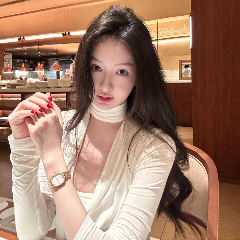 氛围感飘带设计感长袖T恤女荡领 高级气质修身上衣女