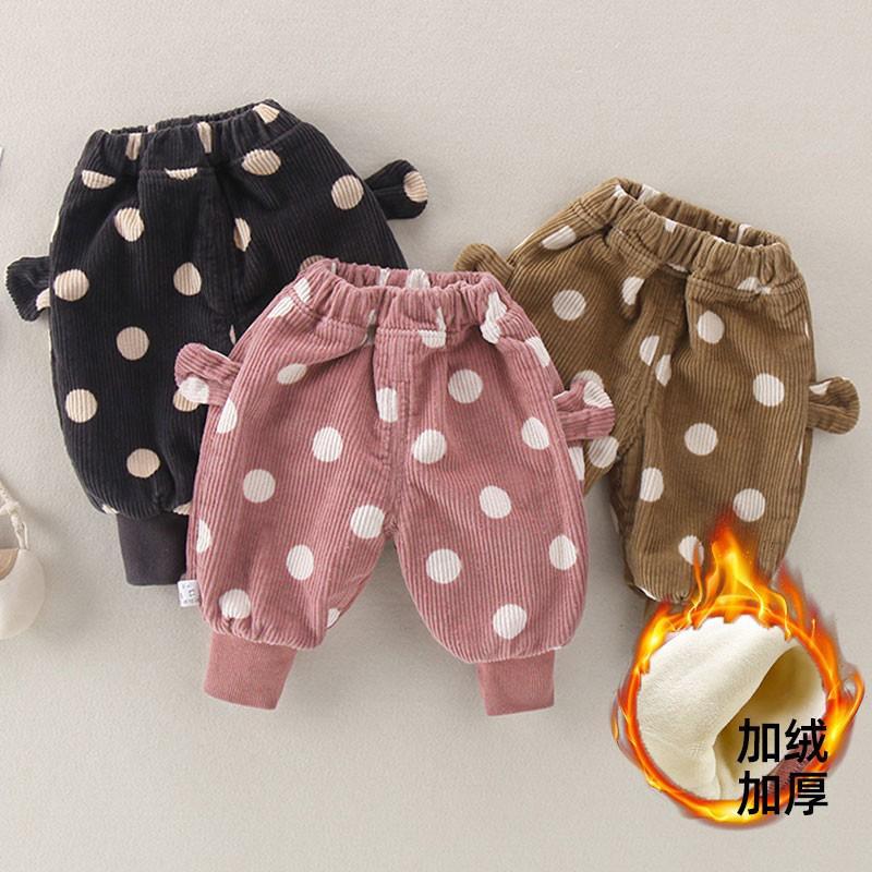 韩版婴幼儿春秋冬新款宝宝pp裤子圆点加绒加厚灯芯绒婴儿大屁屁裤