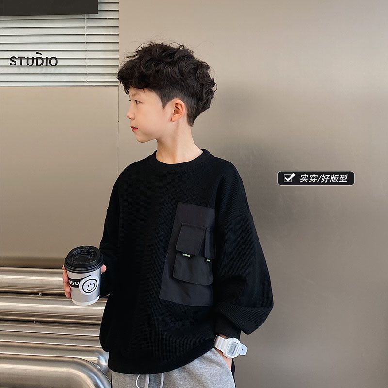 冬季新款男童卫衣春秋2023新款儿童长袖套头上衣中大童华夫格外JX