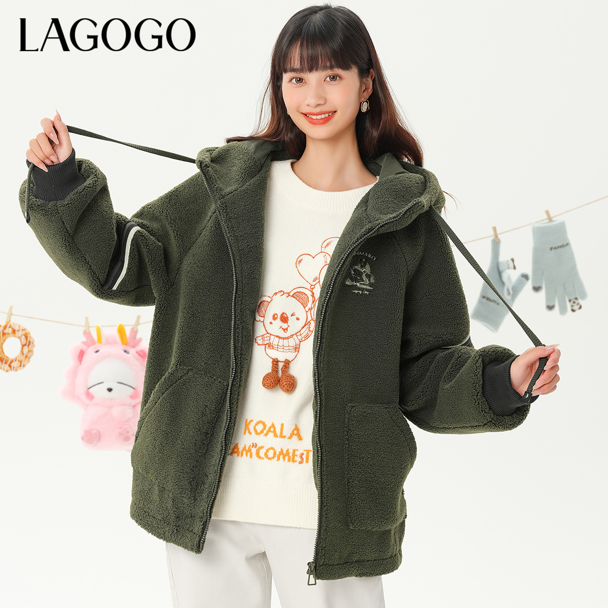 lagogo拉谷谷新款软糯摇粒绒连帽流氓兔外套女MCWW51YA46