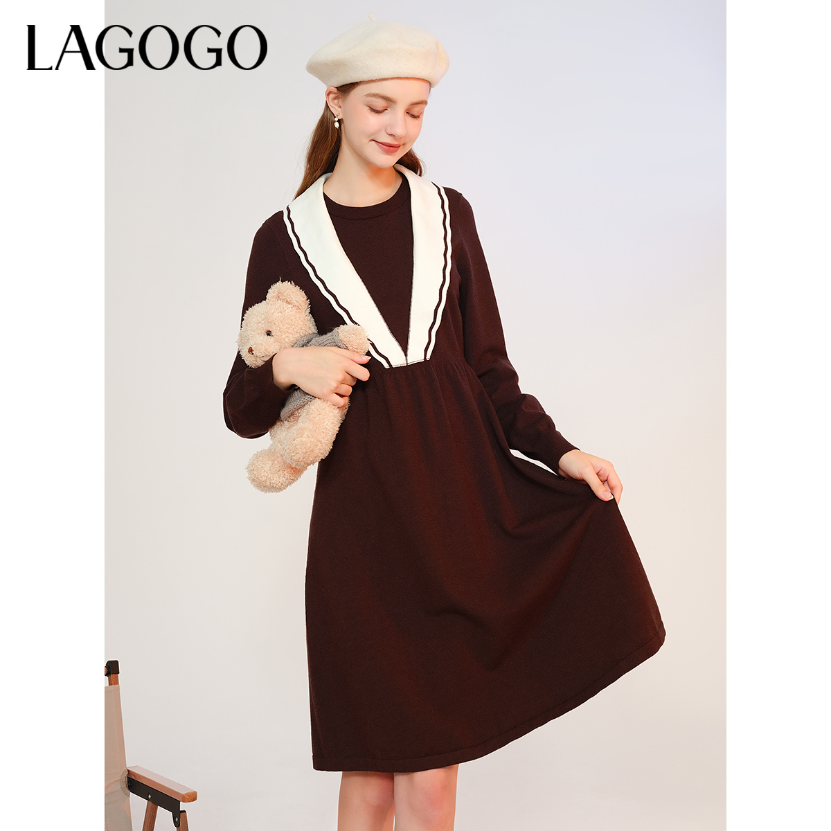 lagogo拉谷谷新款撞色拼接亮丝舒适连衣裙女MCLL75XA17