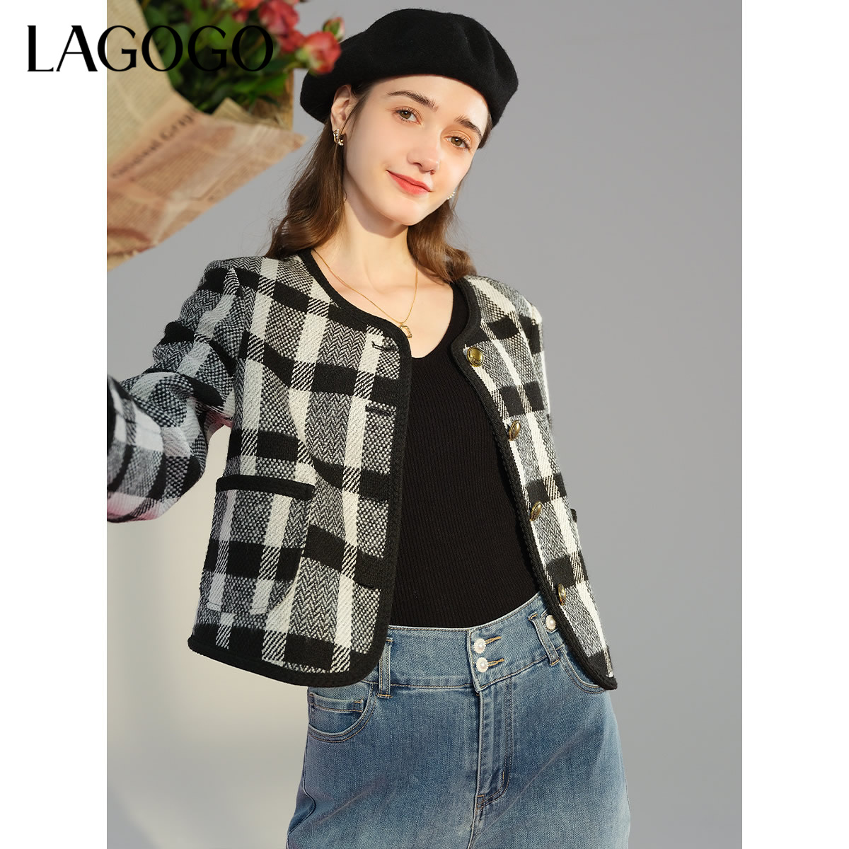 lagogo拉谷谷新款经典黑白格气质显瘦外套女NAWW541A41