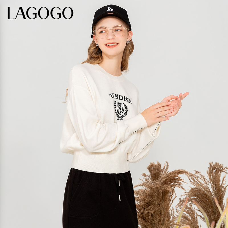 lagogo拉谷谷新款清爽字母落肩袖慵懒针织衫女MCMM419Q25