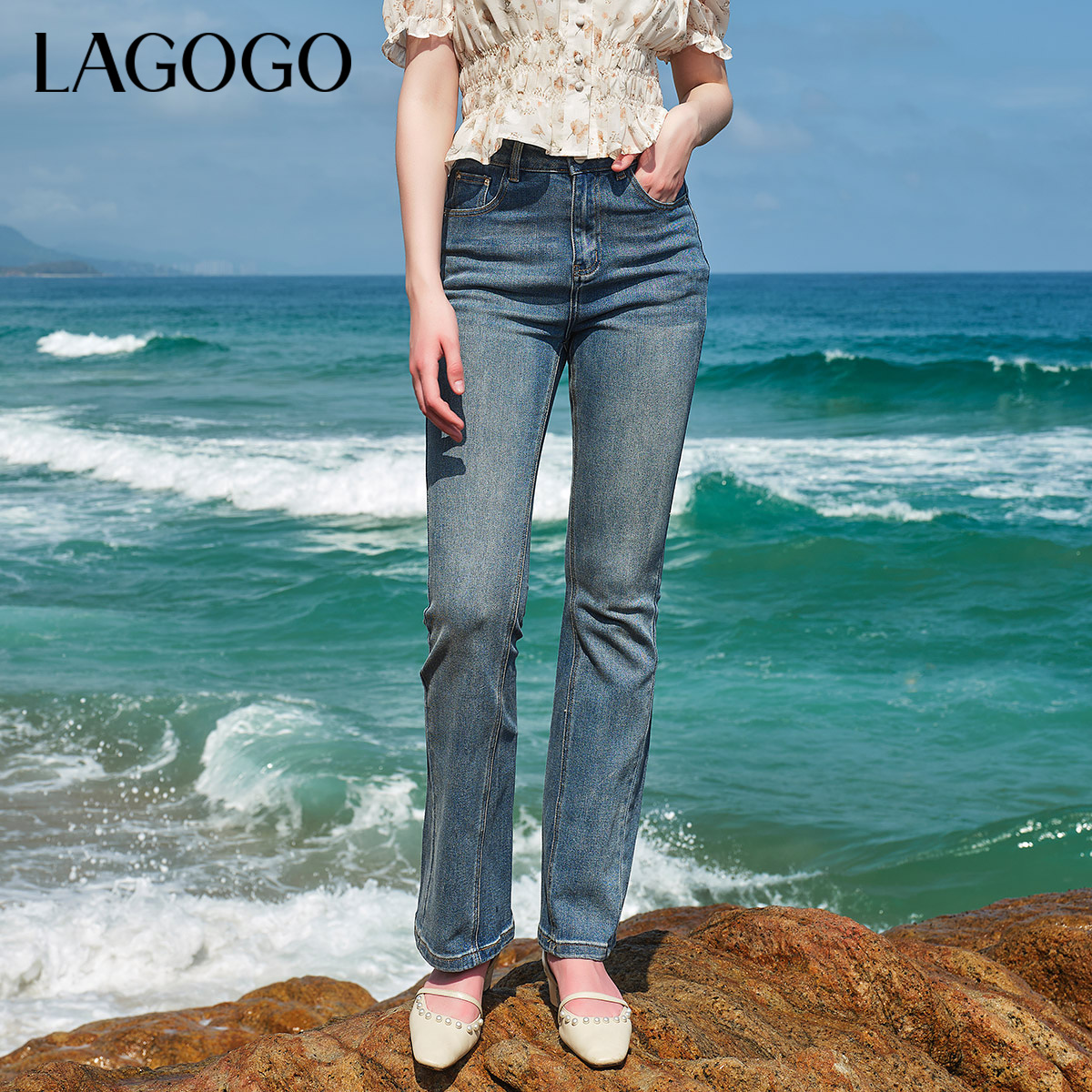 lagogo拉谷谷新款弹力舒适高腰显瘦喇叭裤女NANN533C91