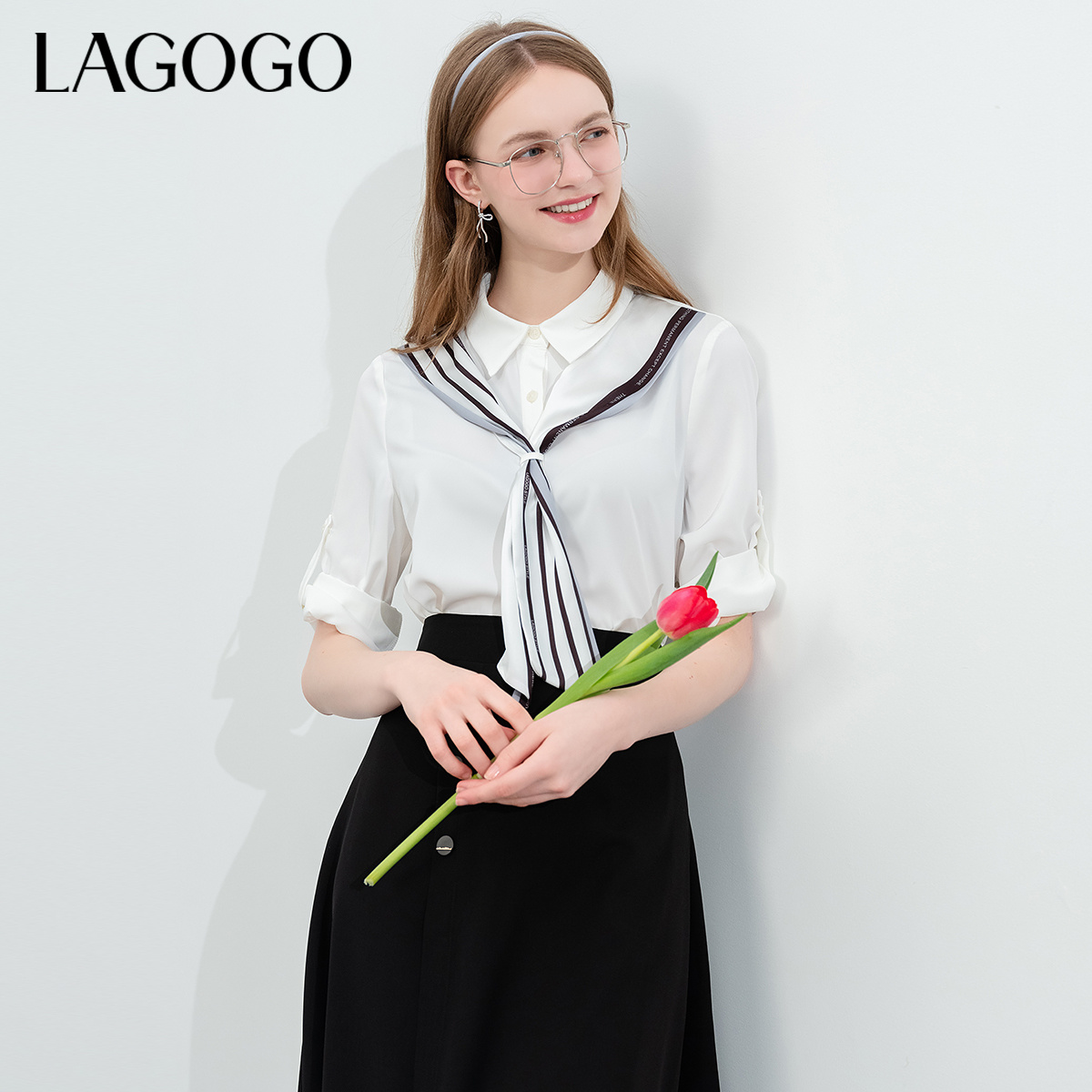 lagogo拉谷谷新款条纹拼接气质百搭通勤衬衫女NACC314B12