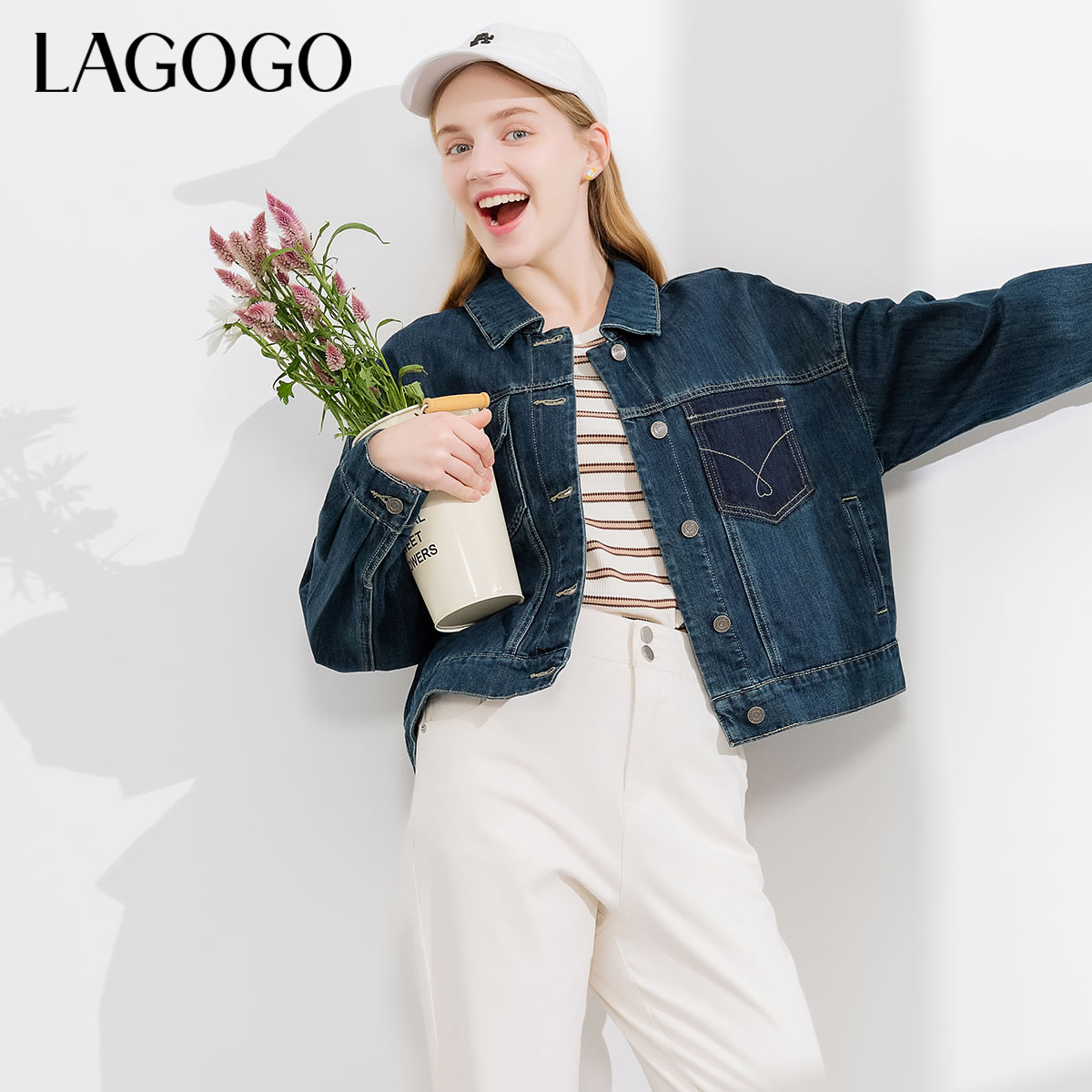 lagogo拉谷谷新款舒适落肩百搭元气牛仔外套女NAWW532A44
