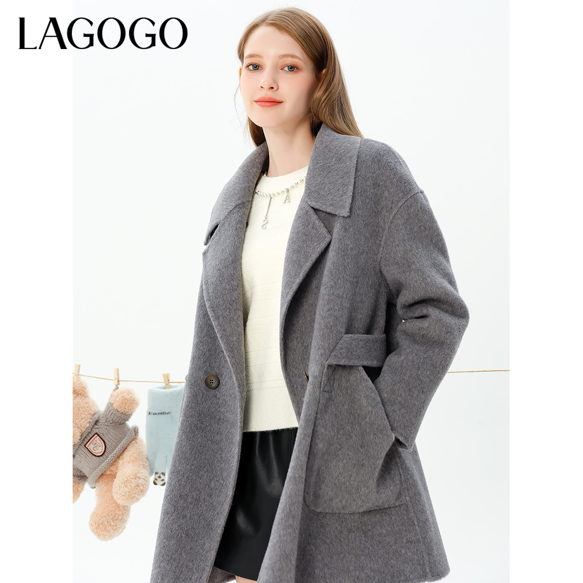 lagogo拉谷谷新款气质挺括落肩显白双面呢女MCDD23XC43