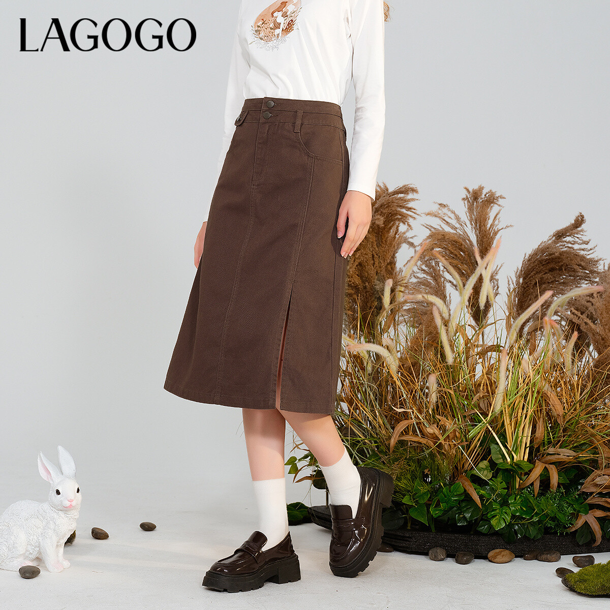 lagogo新款全棉舒适高腰开衩半身裙女MCBB239Q81