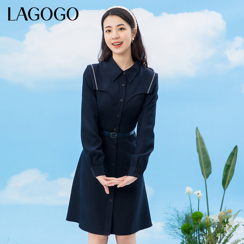 Lagogo新款方领撞色芽条气质连衣裙女MALL431C52