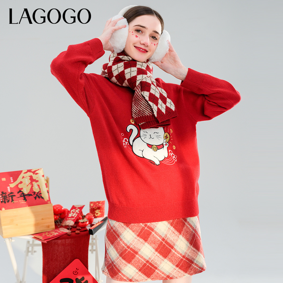lagogo拉谷谷春季新款招财猫新氛围落肩针织衫NAMM481A32