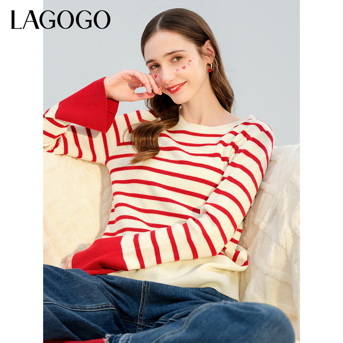 lagogo拉谷谷新款经典条纹弹力舒适百搭针织衫女NAMM421C28