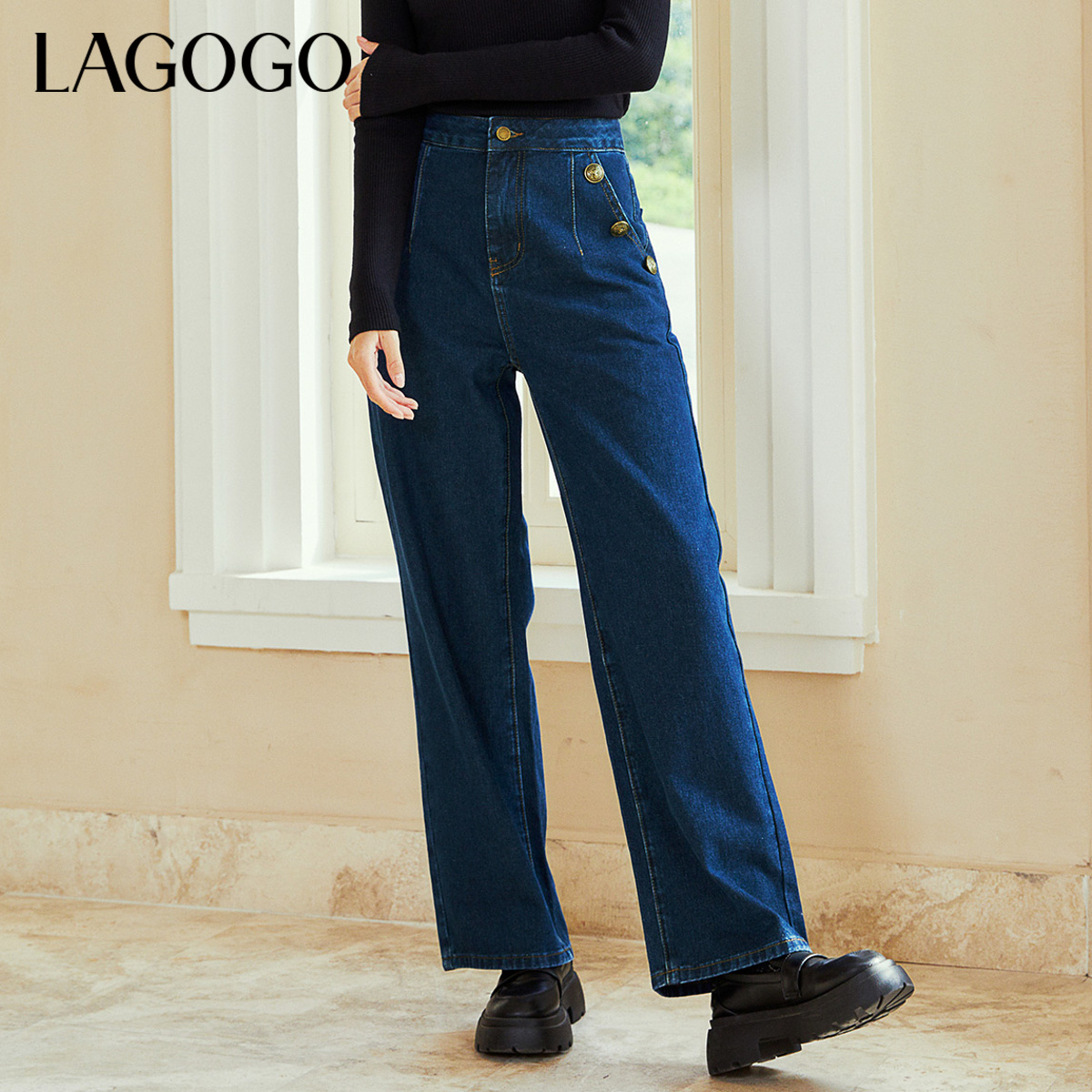 Lagogo拉谷谷秋冬新款高腰阔腿靛蓝色牛仔裤女长裤宽松显瘦