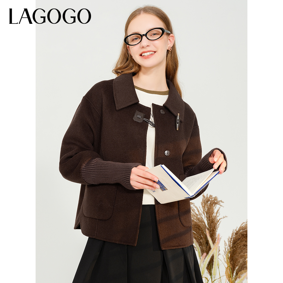 lagogo新款拼接挺括双面呢外套女MCDD139A61