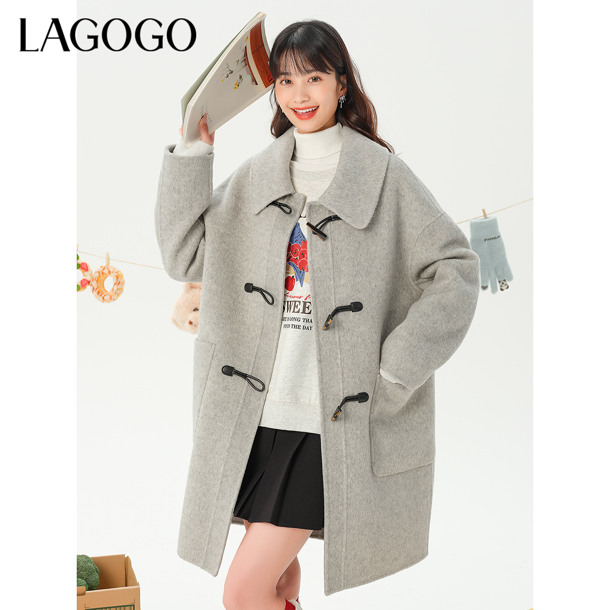 lagogo拉谷谷新款落肩牛角扣气质双面呢大衣女MCDD33XA56