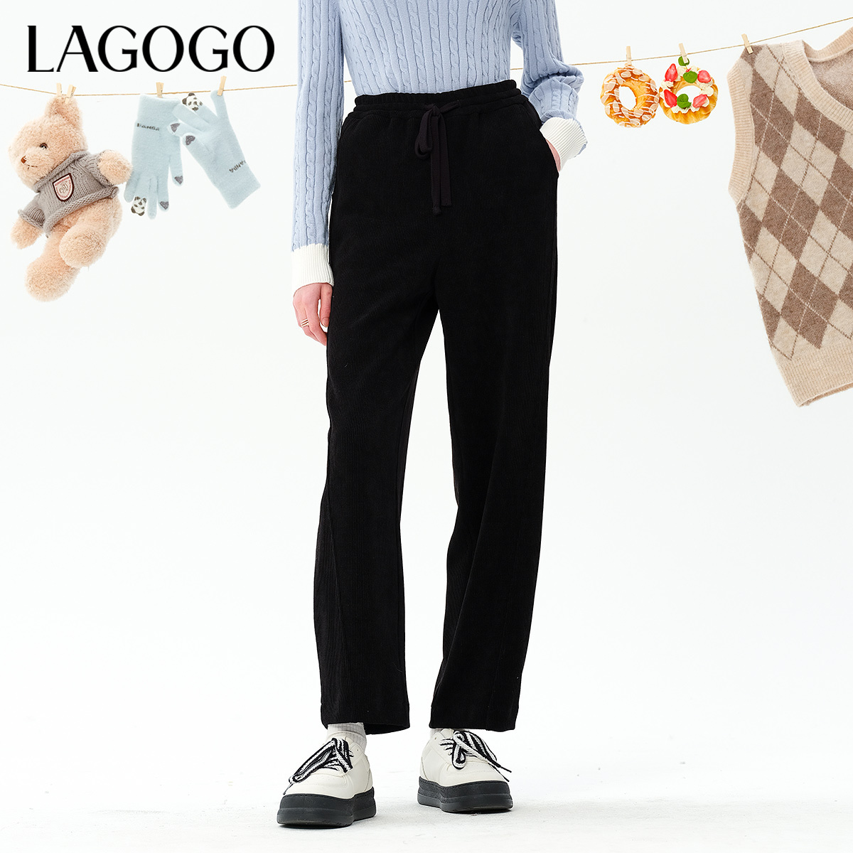 lagogo拉谷谷新款高腰灯芯绒显瘦百搭休闲裤女MCKK53XA91
