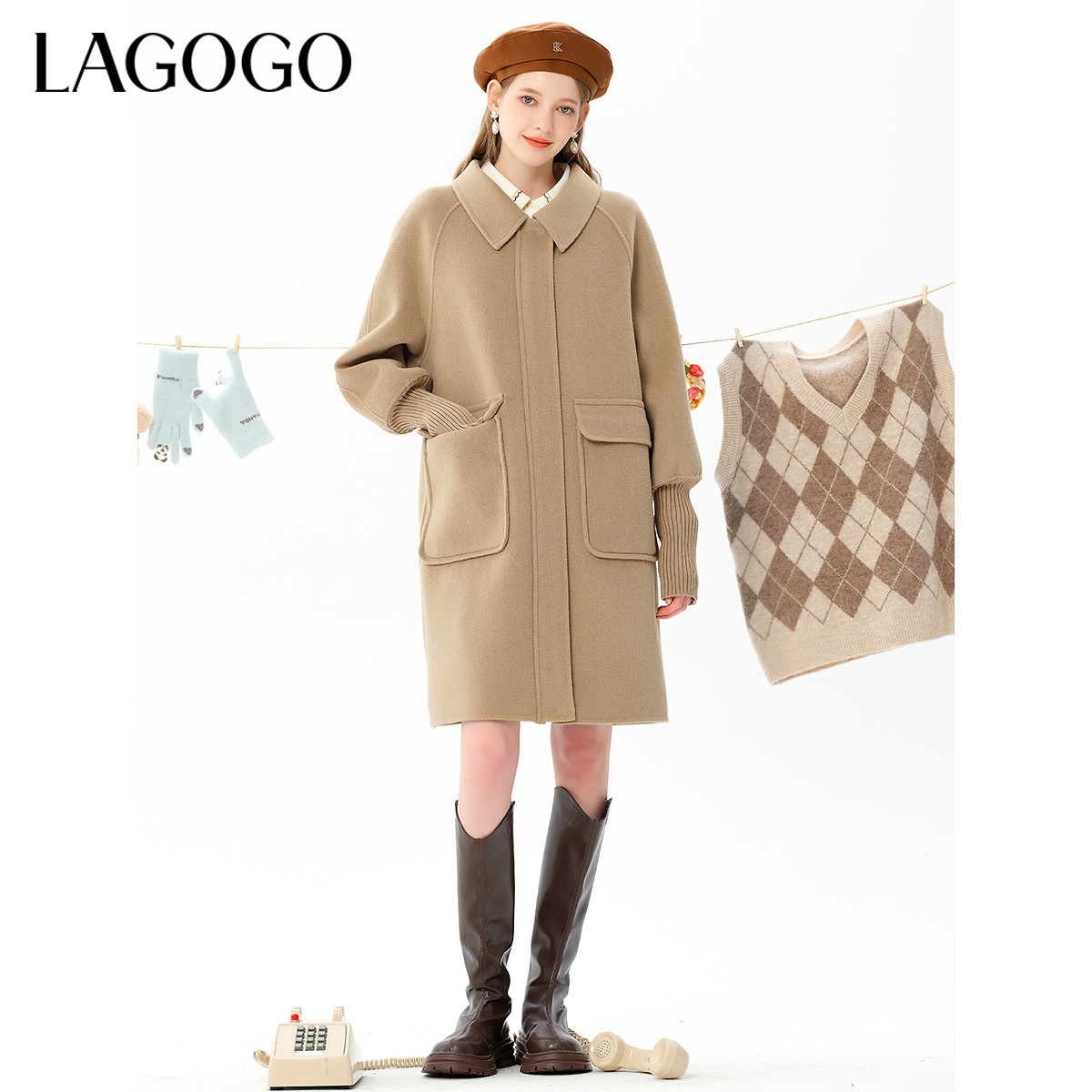 lagogo拉谷谷新款简约拼接插肩挺括双面呢大衣女MCDD33XA57