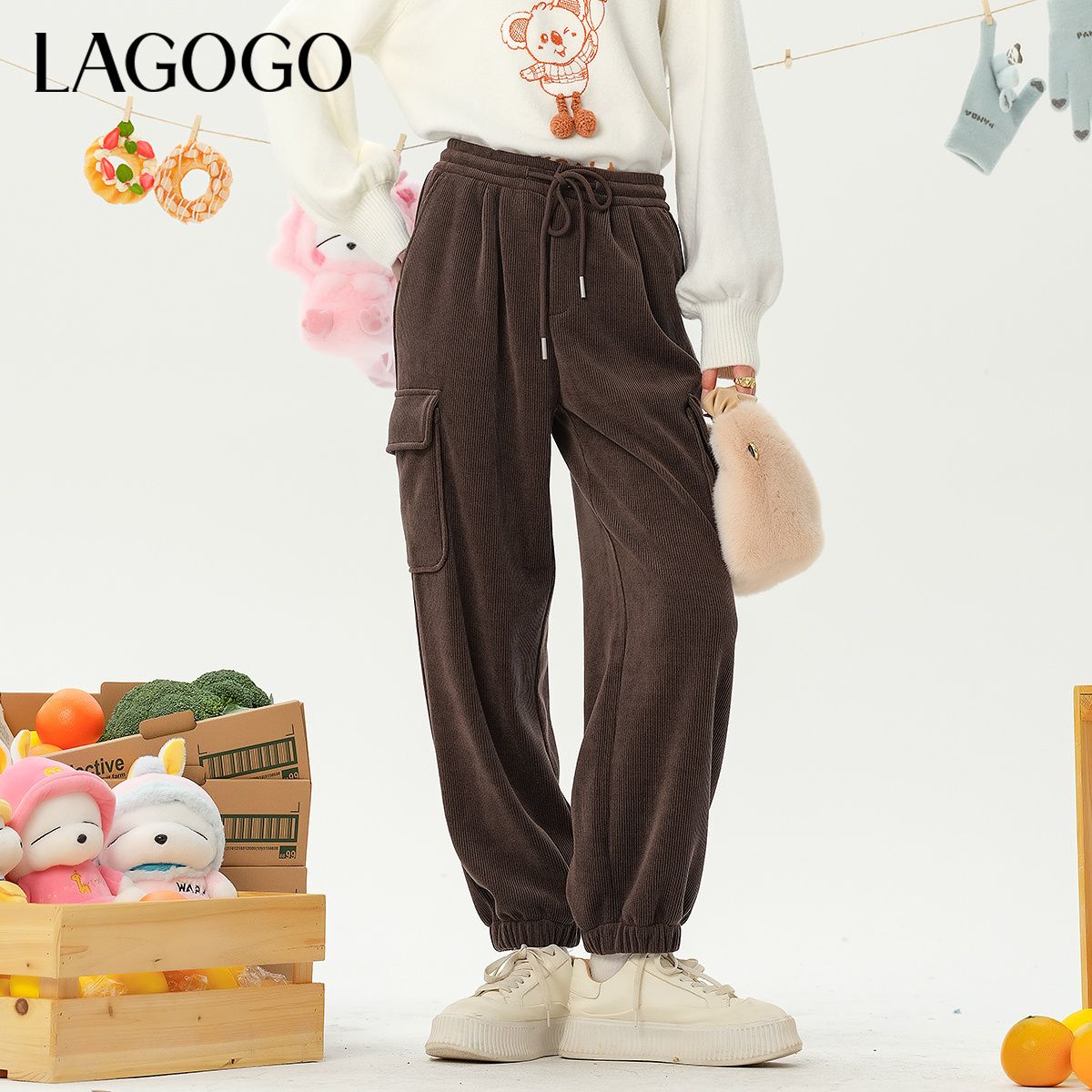 lagogo拉谷谷新款高腰抽绳弹力灯芯绒复古女MCKK53YC71