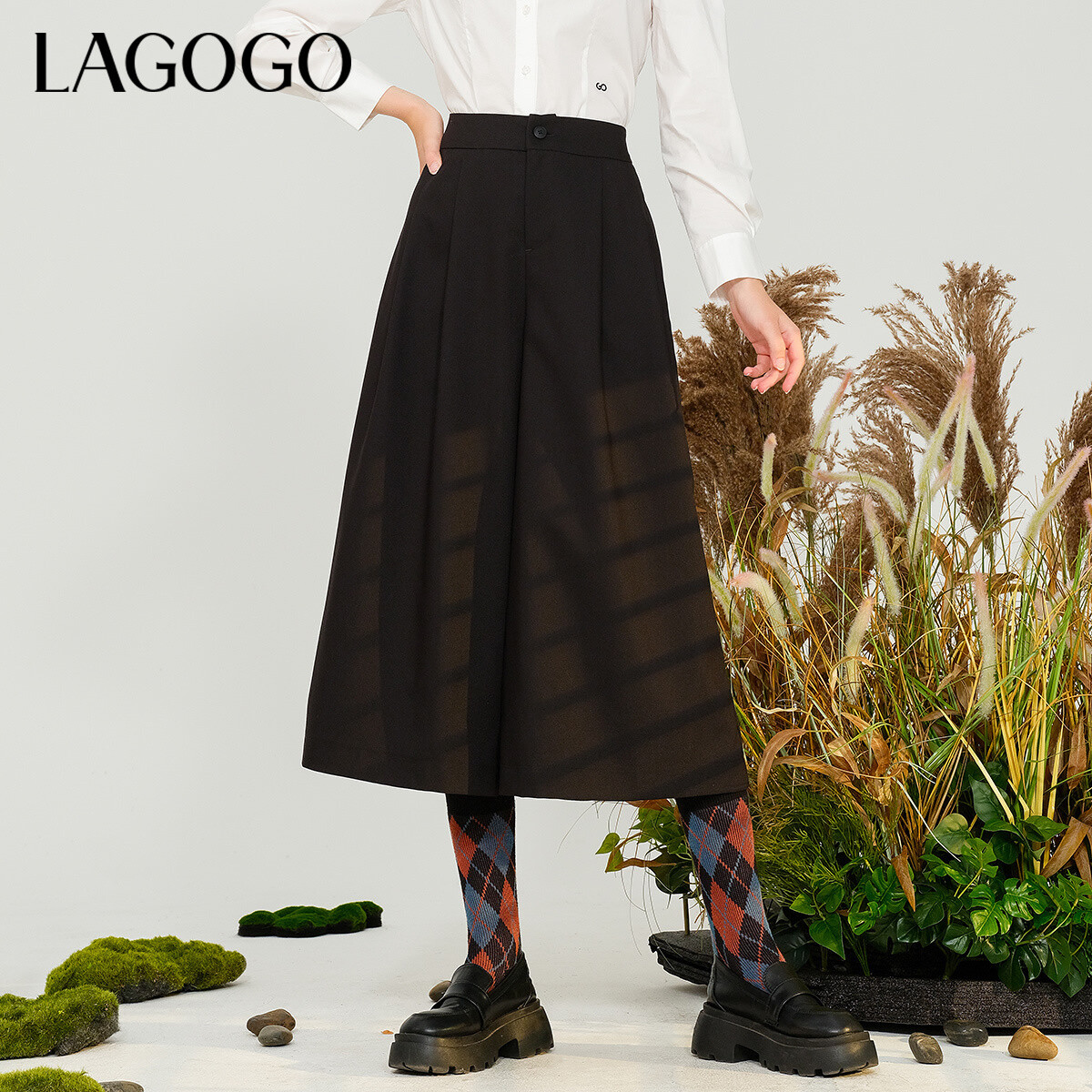 Lagogo新款弹力舒适高腰阔腿裤女MCKK539C72