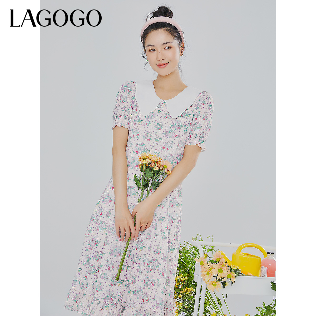 lagogo新款甜美娃娃领满印仙气碎花裙女MALL305A49