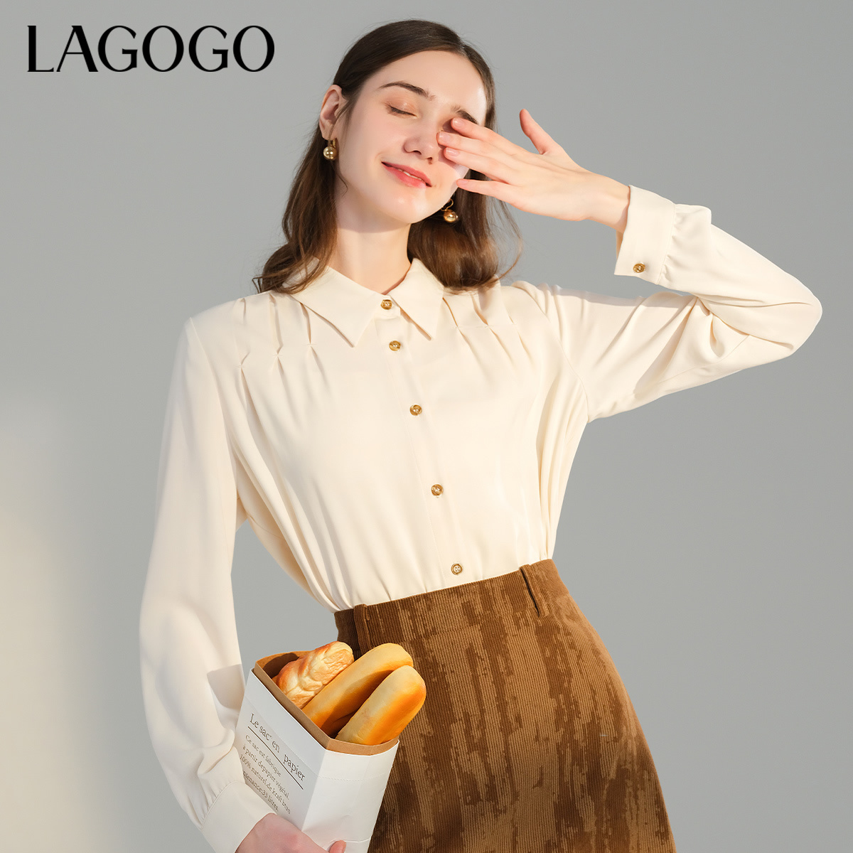 lagogo拉谷谷新款气质翻领弹力设计感衬衫女NACC431A11