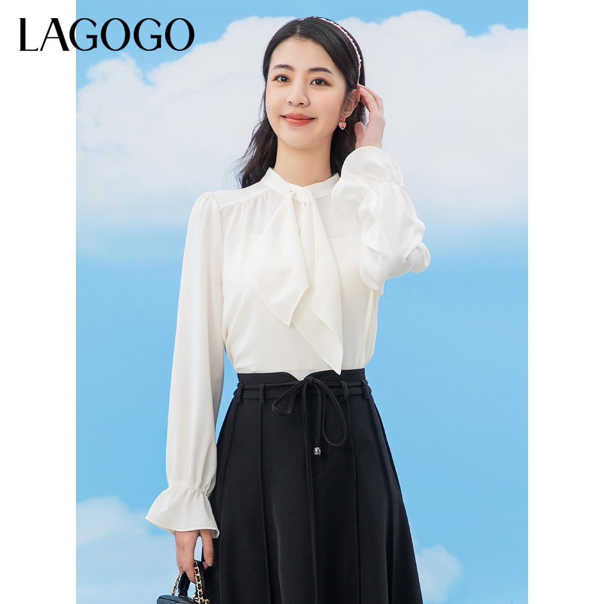 Lagogo新款仙气飘带泡泡袖温柔上衣女MASS531A12