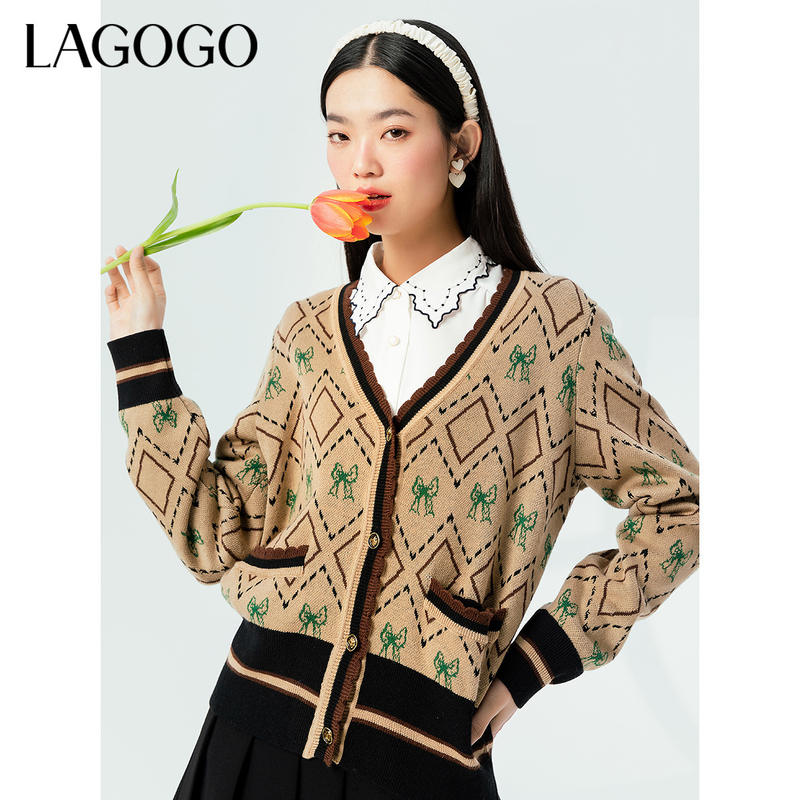 Lagogo新款花边v领复古针织开衫女MAMM872C31