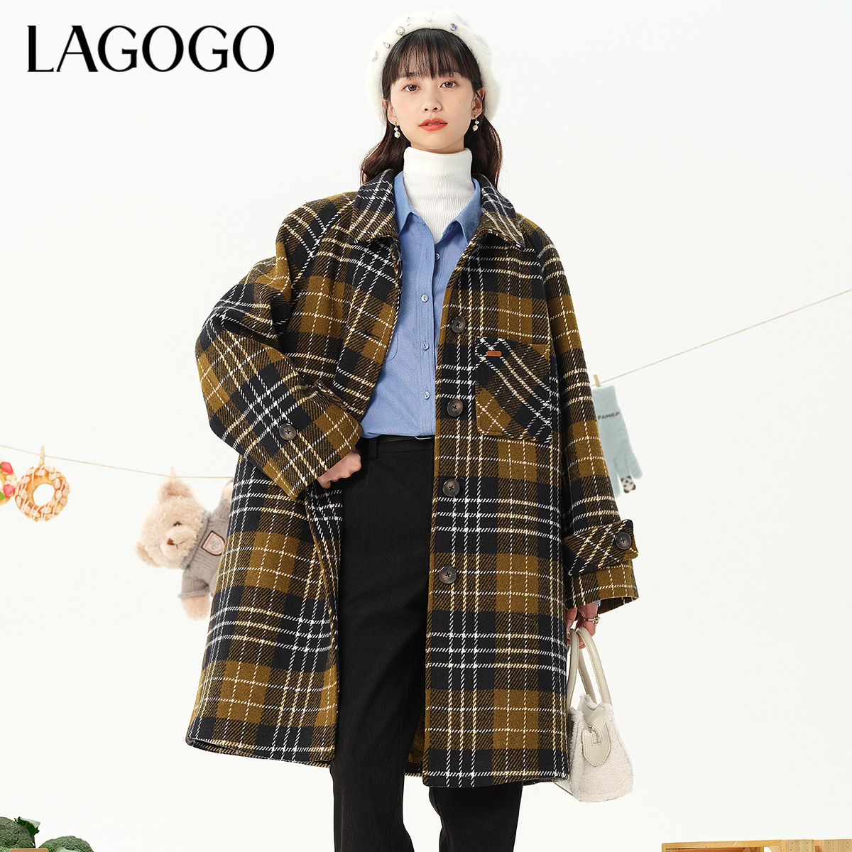 lagogo拉谷谷新款格子气质插肩挺括毛呢大衣女MCDD34YA63