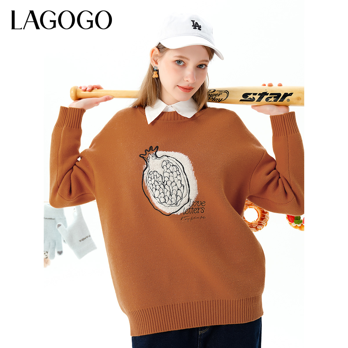 lagogo拉谷谷新款元气水果落肩袖亮丝针织衫女MCMM41XC36