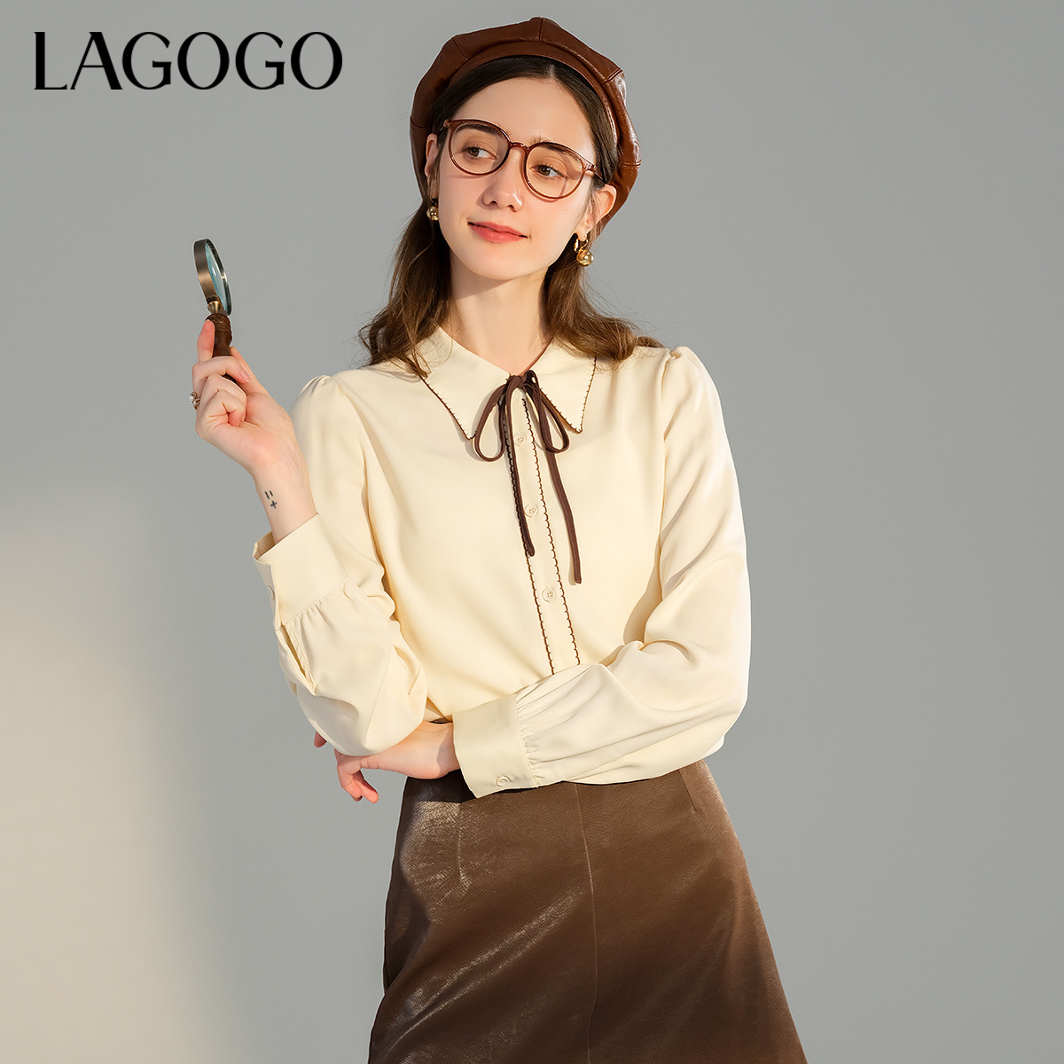 lagogo拉谷谷春季新款法式带领结甜美泡泡袖衬衫NACC431A19