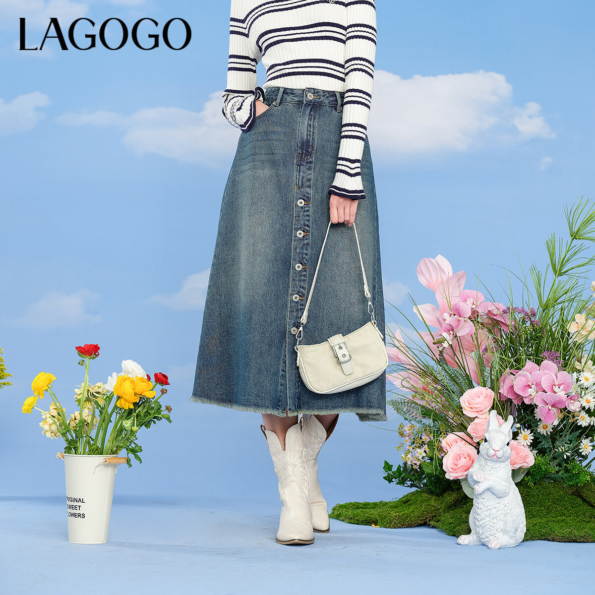 lagogo拉谷谷新款高腰显瘦流苏剪边牛仔裙女NABB332A82