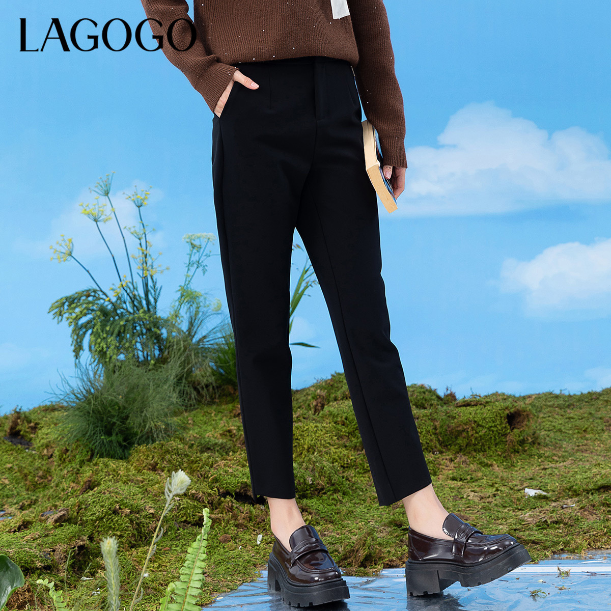 Lagogo新款显腿长超好穿高腰小黑裤女MAKK531A73