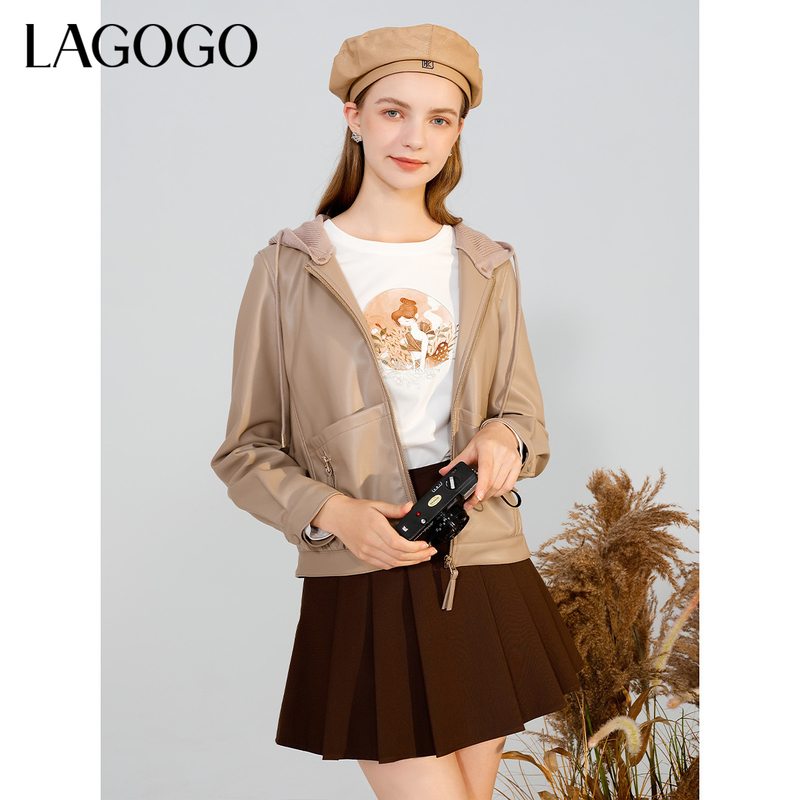 lagogo拉谷谷新款拼接连帽舒适显瘦挺括外套女MCWW539C48