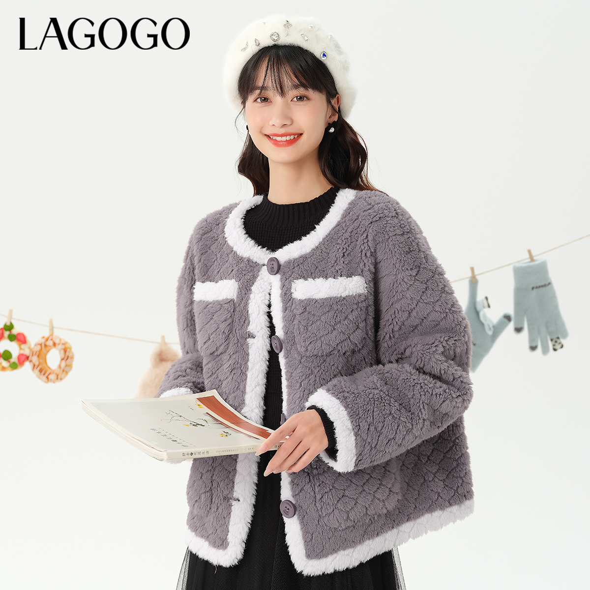 lagogo拉谷谷新款仿羊羔毛舒适撞色气质外套女MCWW55XC46