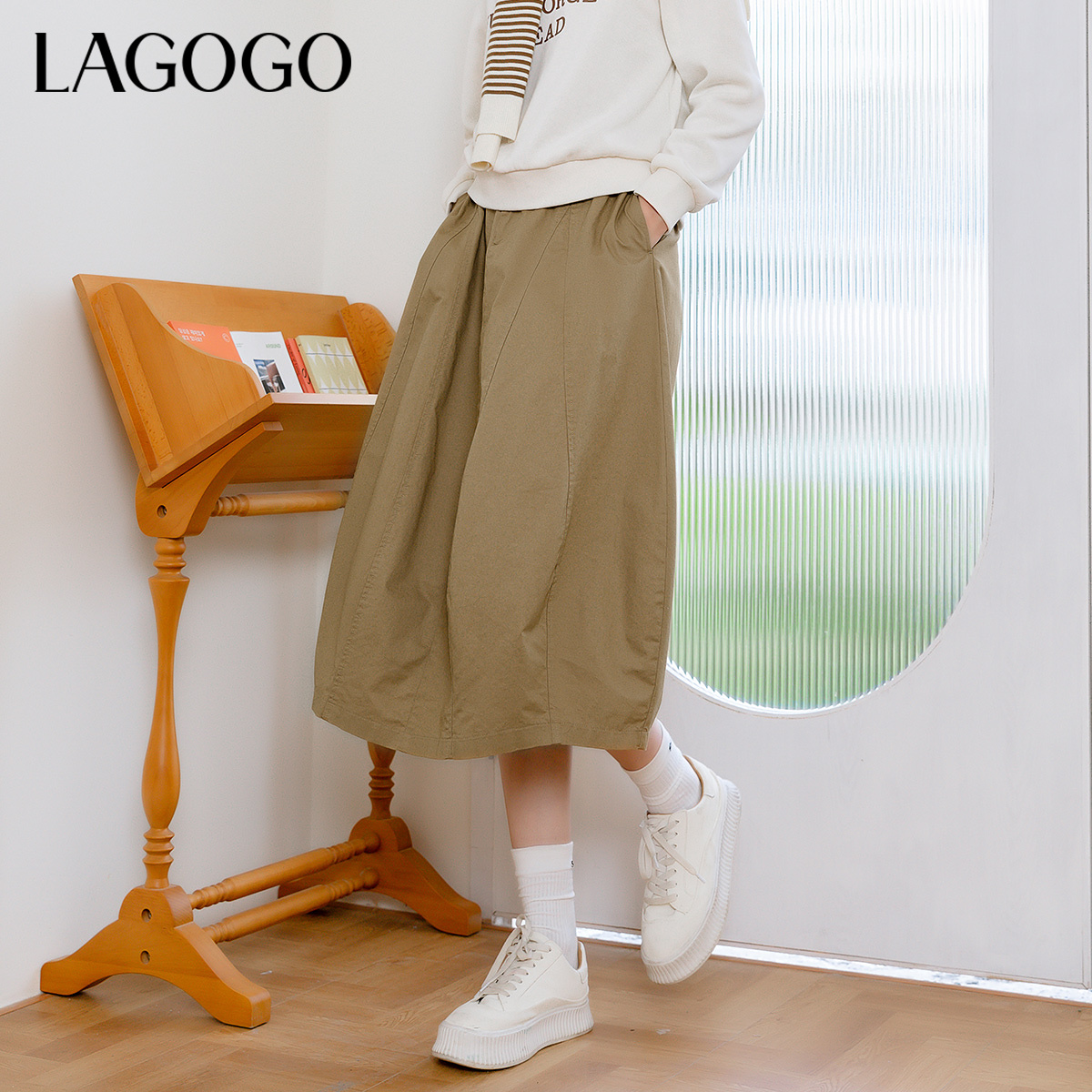 lagogo新款全棉舒适高腰拼接半裙女MCBB338C84