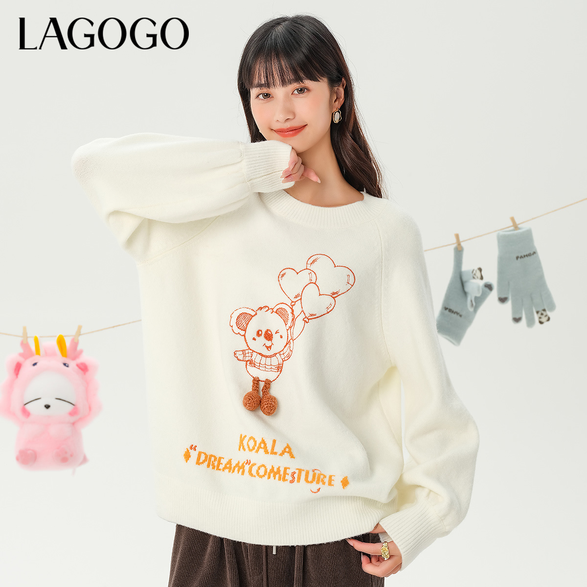 lagogo拉谷谷新款立体刺绣插肩慵懒弹力针织女MCMM41XC33