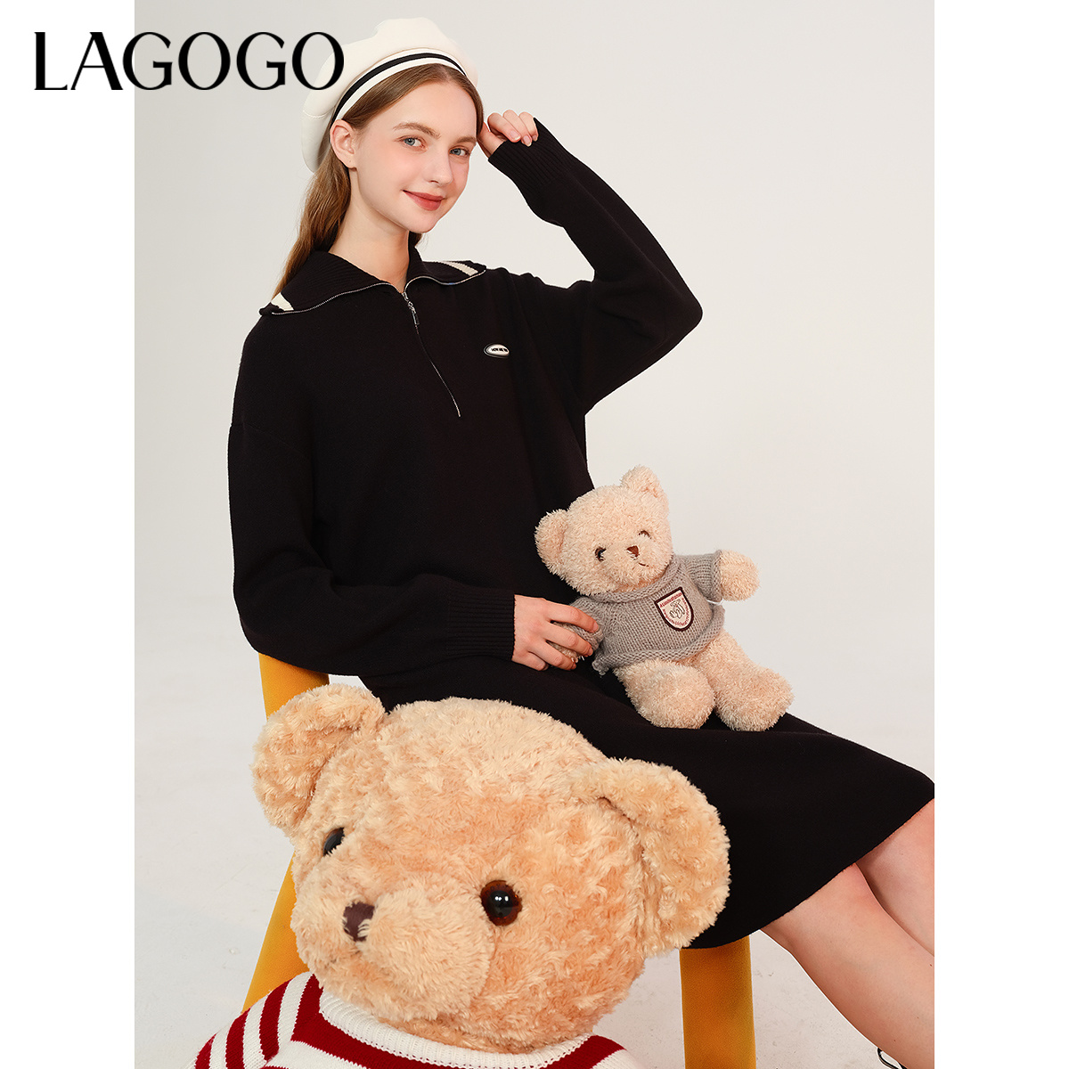 lagogo拉谷谷新款气质翻领撞色弹力舒适裙子女MCLL43XA19