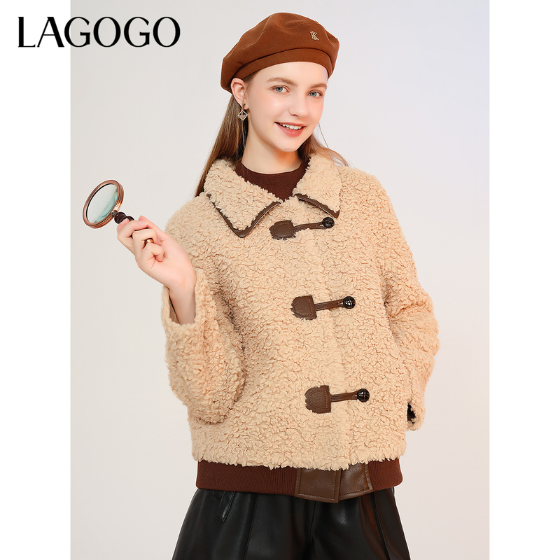 lagogo新款仿羊羔毛拼接可爱短外套女MCWW55XA41