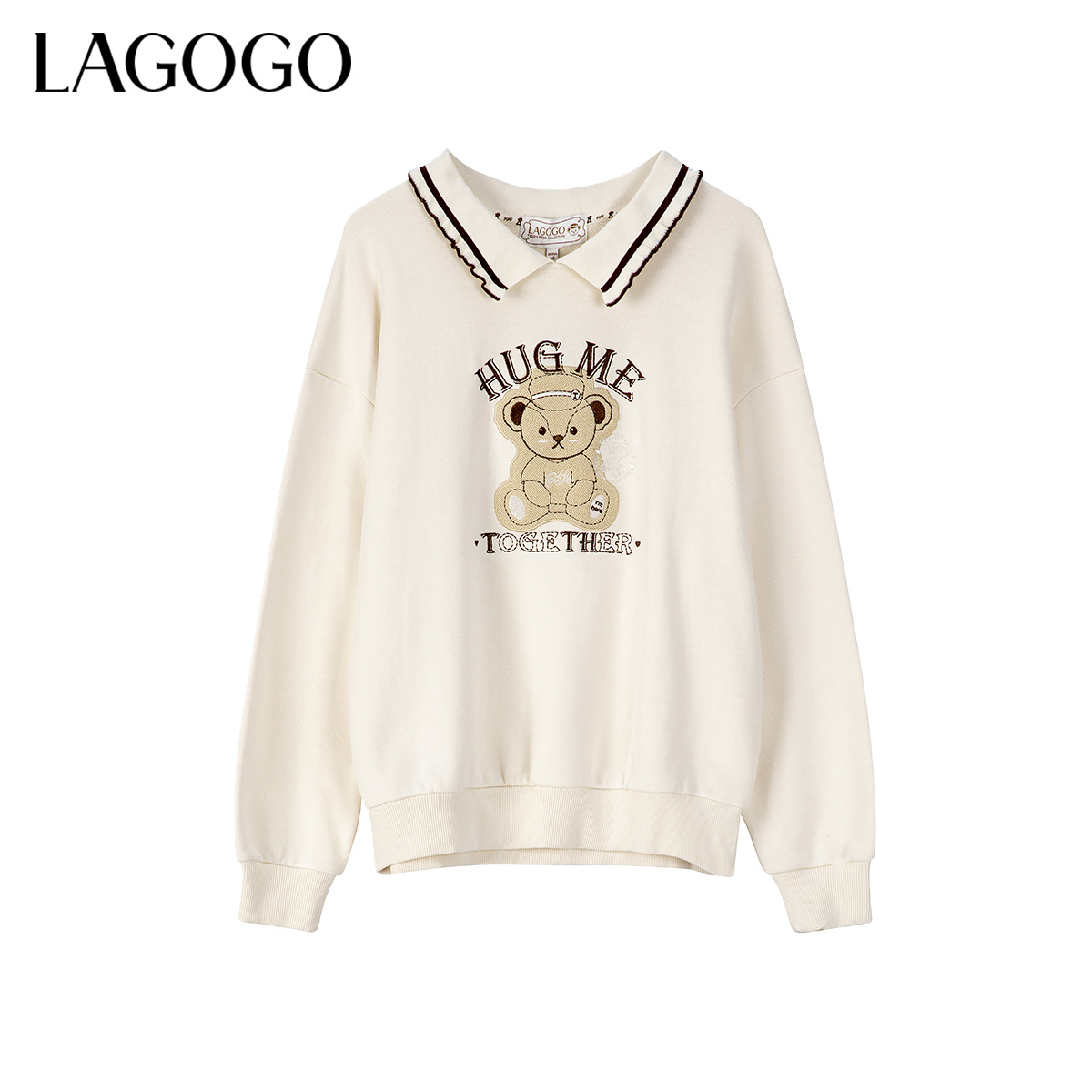 lagogo拉谷谷新款花边翻领小熊刺绣落肩卫衣女MCEE4C03