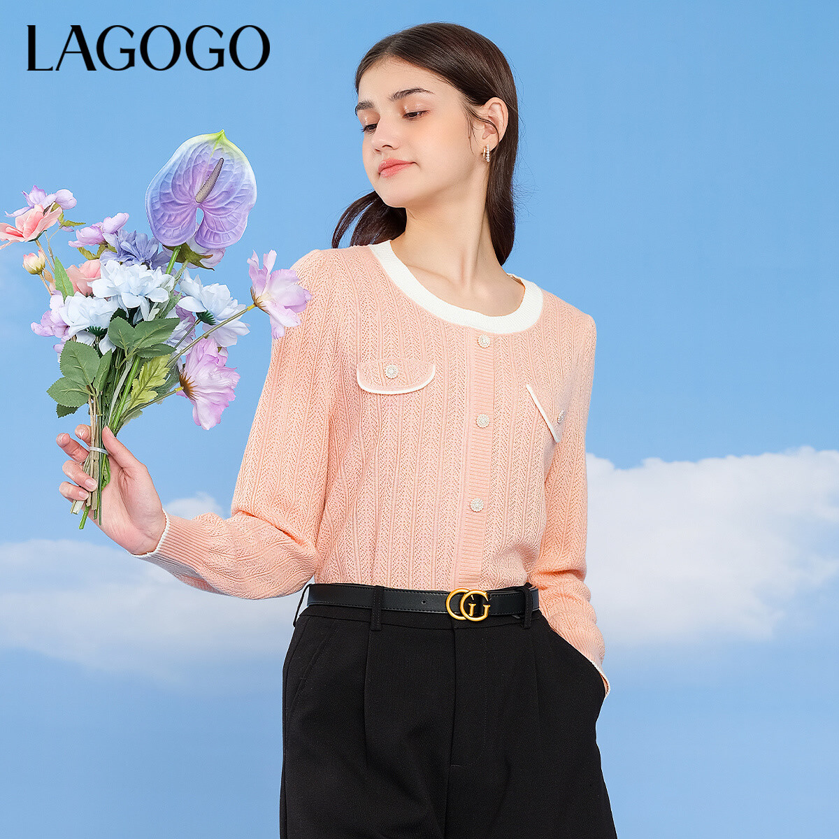 lagogo拉谷谷新款含羊毛花型针温柔甜美针织女NAMM452A