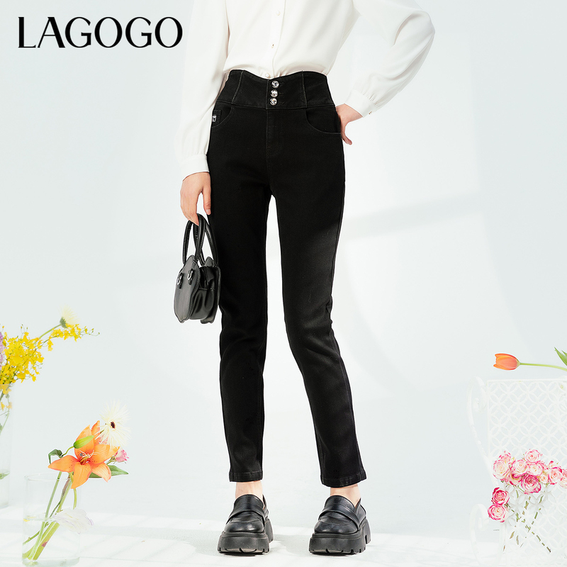 Lagogo新款高腰字母弹力牛仔裤女MANN531A72