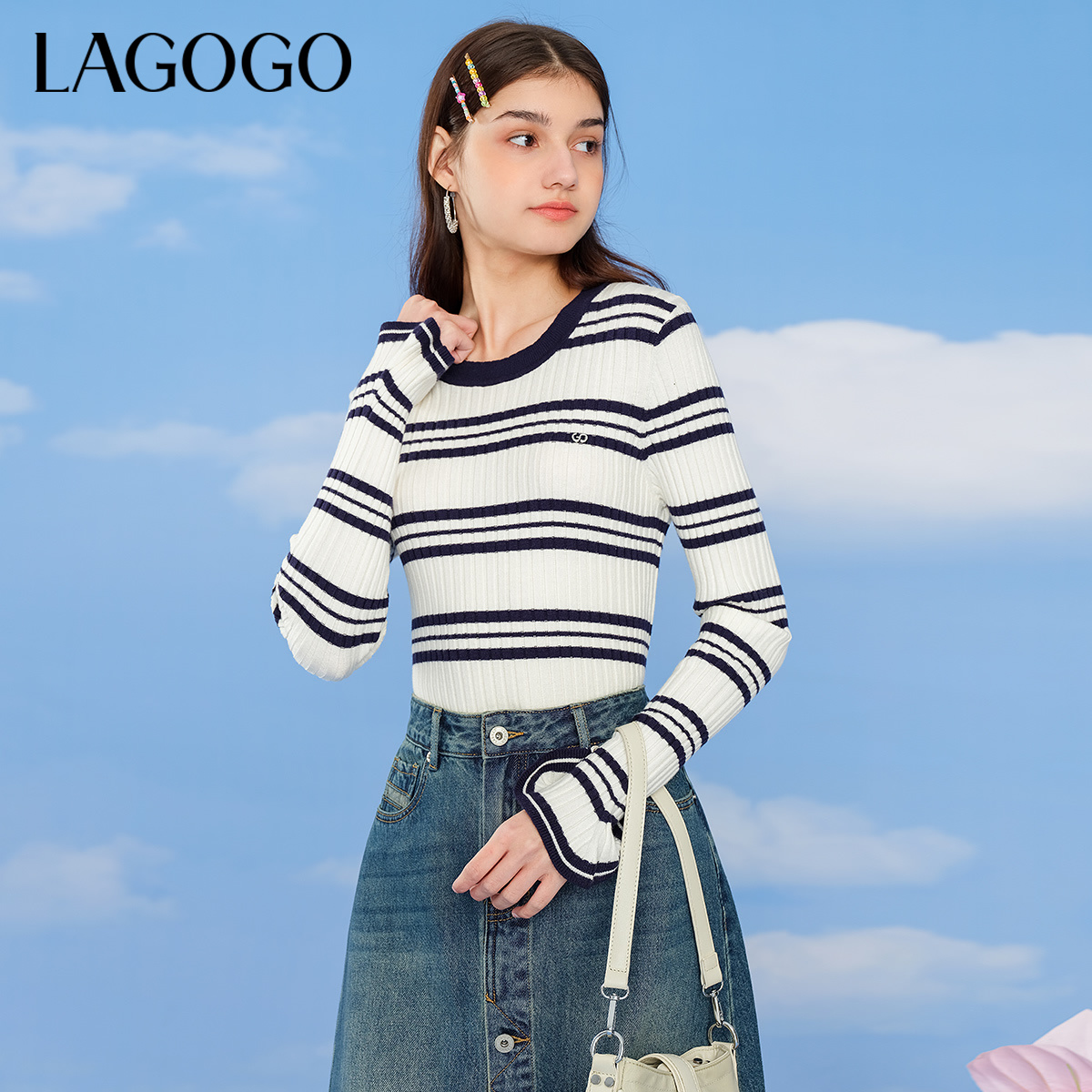 lagogo拉谷谷新款温柔条纹弹力舒适百搭针织衫女NAMM4A