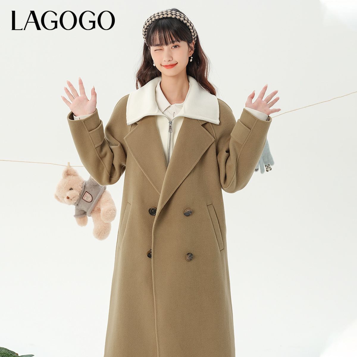 lagogo拉谷谷新款翻领精致挺括手工双面呢外套女MCDD33XC63
