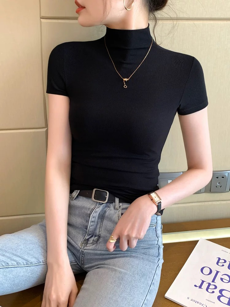 樊范儿软糯基础款纯色半高领短袖T恤女秋百搭打底修身上衣-24615