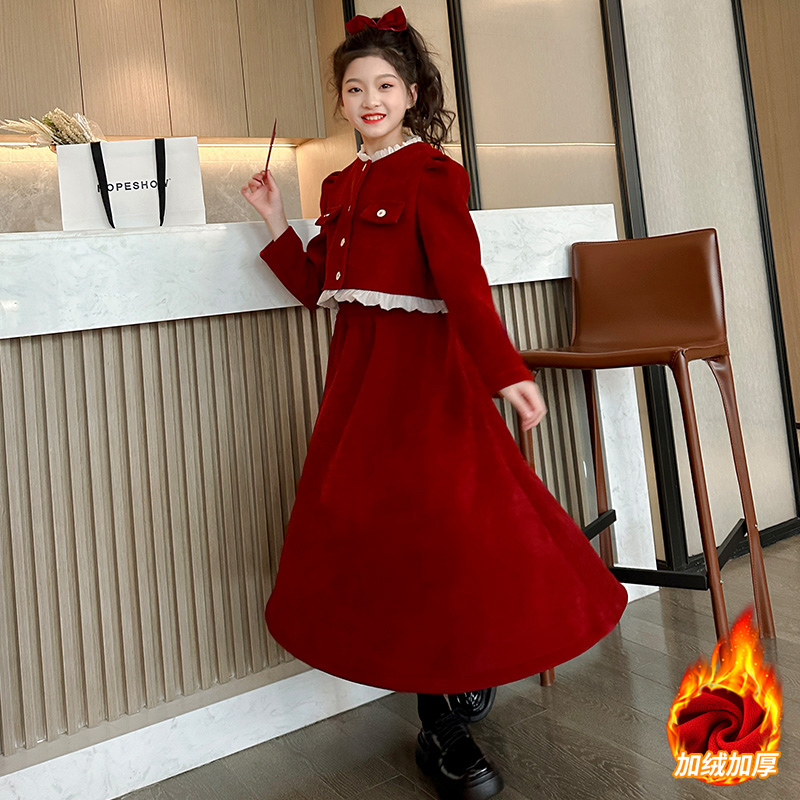 2024年拜年服女童冬季红色加绒裙子套装大童冬装儿童冬款过年衣服