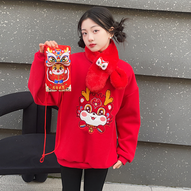 女童卫衣秋冬款2023新款红色加绒加厚新年拜年服儿童冬装本命年服