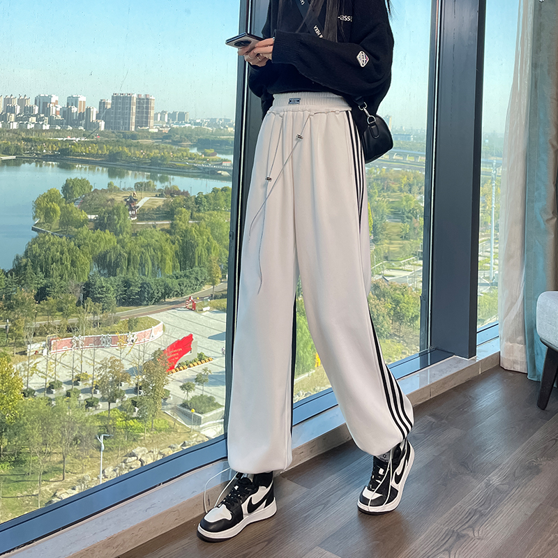 加绒加厚阔腿运动裤女秋冬2023新款高腰百搭显瘦宽松休闲直筒卫裤