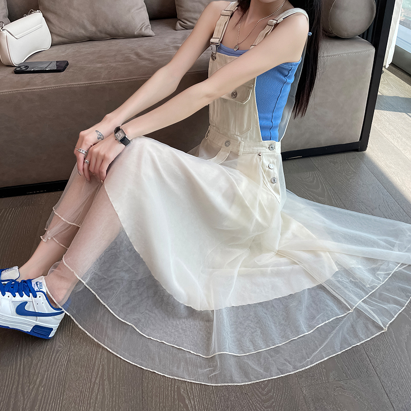 法式牛仔背带连衣裙女夏季薄款小个子气质收腰白色网纱甜美仙女裙