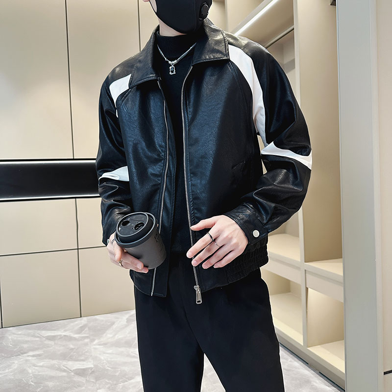 春秋季机车皮衣外套男拼色高级感网红发型师男装立领皮夹克上衣