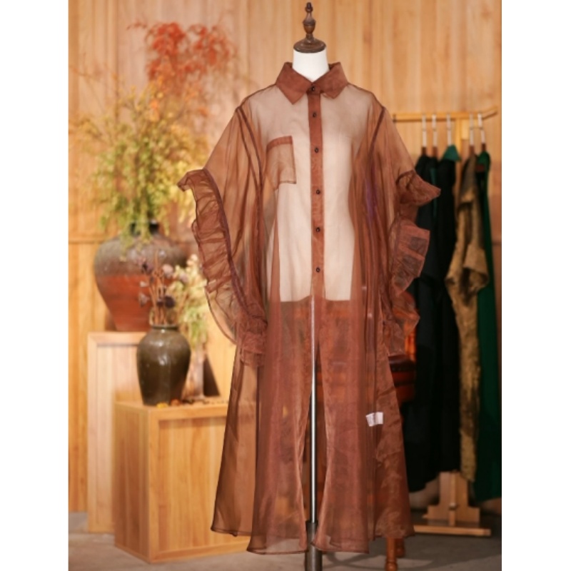 褶皱咖啡色长款休闲风衣复古服装上衣春夏日常宽松中长款外套外披